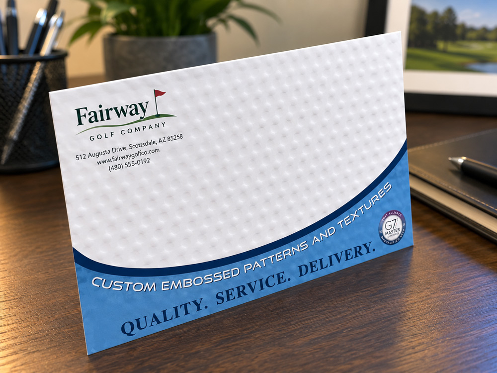 Embossed custom printed envelope conversion with high feel factor texture for Fairway Golf Company, printed by Printing Partners Indianapolis