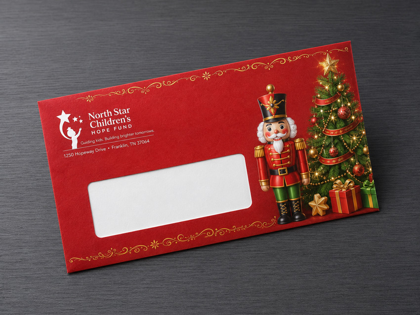 Full color custom printed window envelope with holiday design for year-end fundraising campaign, printed by Printing Partners Indianapolis