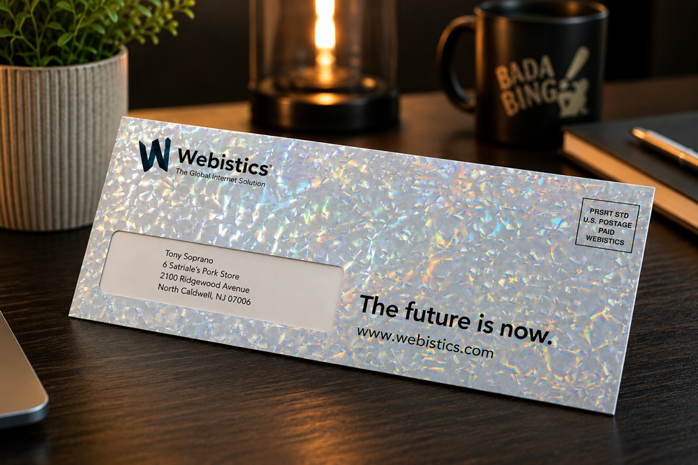 Holographic foil custom printed window envelope with USPS presort indicia, printed by Printing Partners Indianapolis