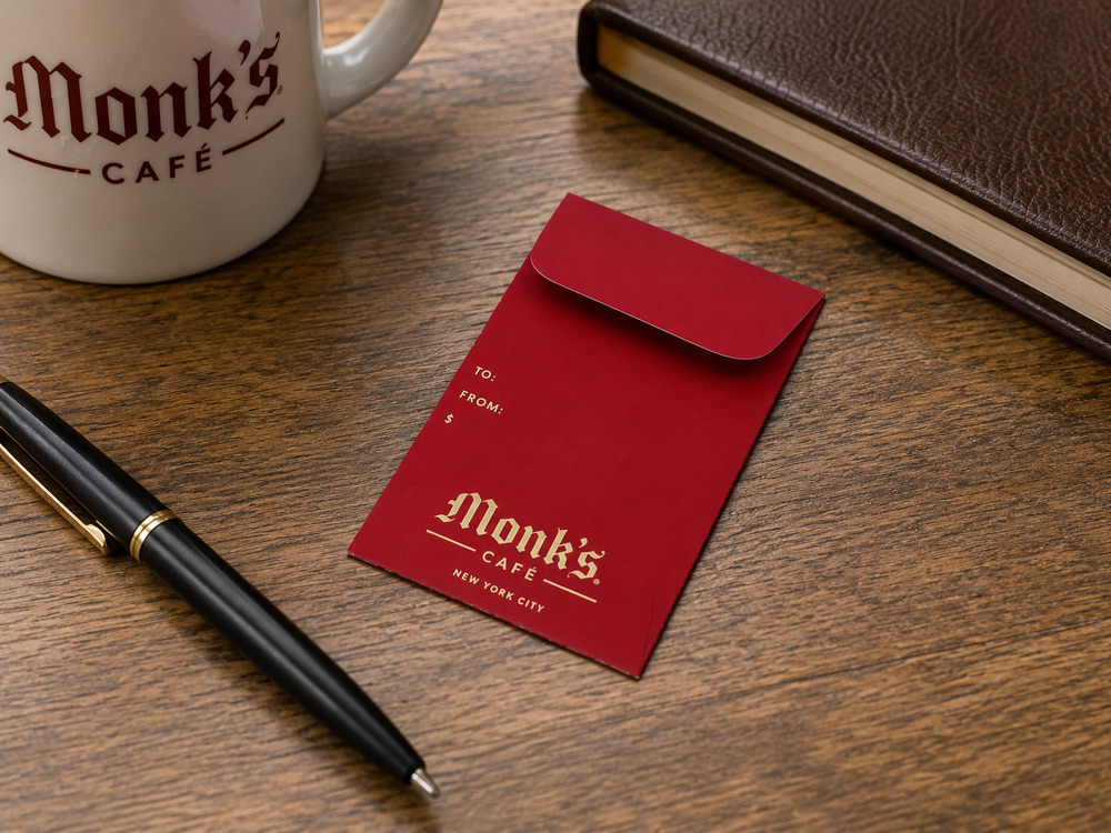 Custom printed gift card holder envelope for a cafe, produced by Printing Partners Indianapolis