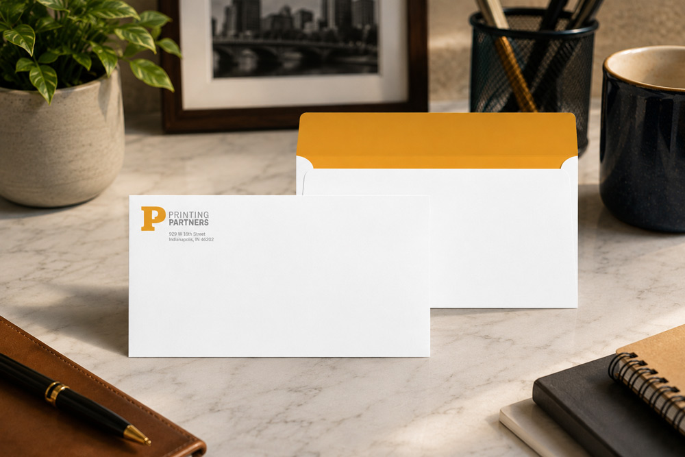 Custom printed #10 business envelope showing full color interior printing by Printing Partners Indianapolis