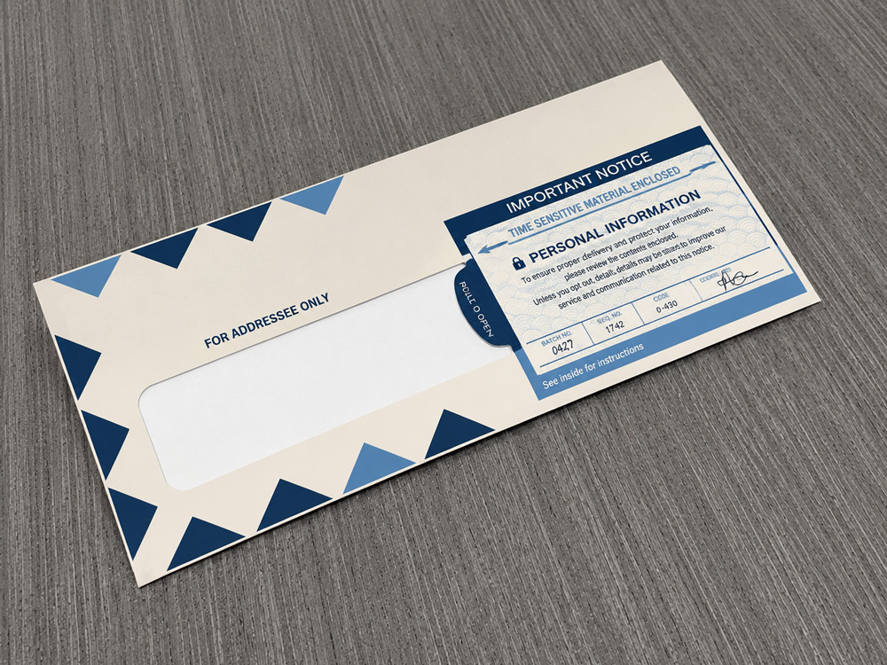 Tear to open secure envelope for personal and time sensitive information, printed by Printing Partners