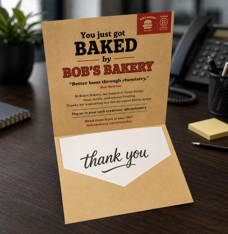 Uncoated kraft self mailer that folds open to reveal a thank you insert card, printed by Printing Partners Indianapolis