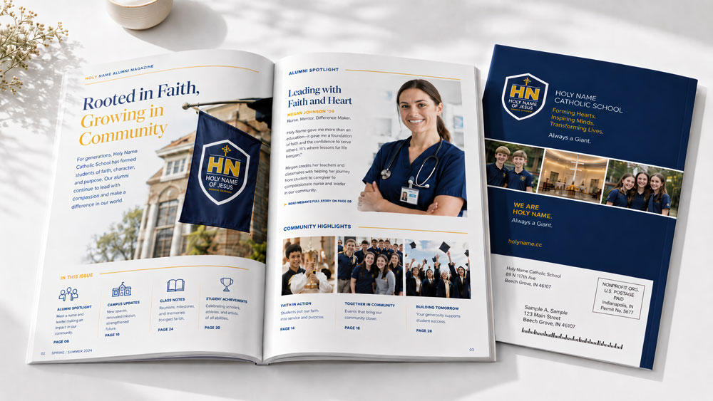 An open Holy Name alumni magazine printed by Printing Partners, shown with its addressed bulk mail panel