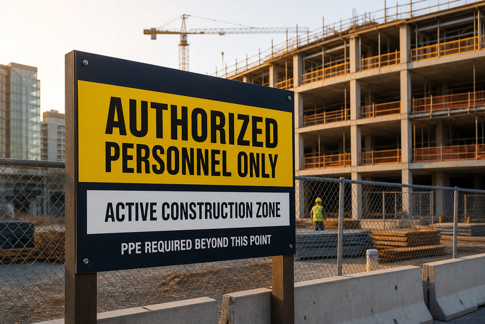 A rigid Authorized Personnel Only sign posted outside an active construction site