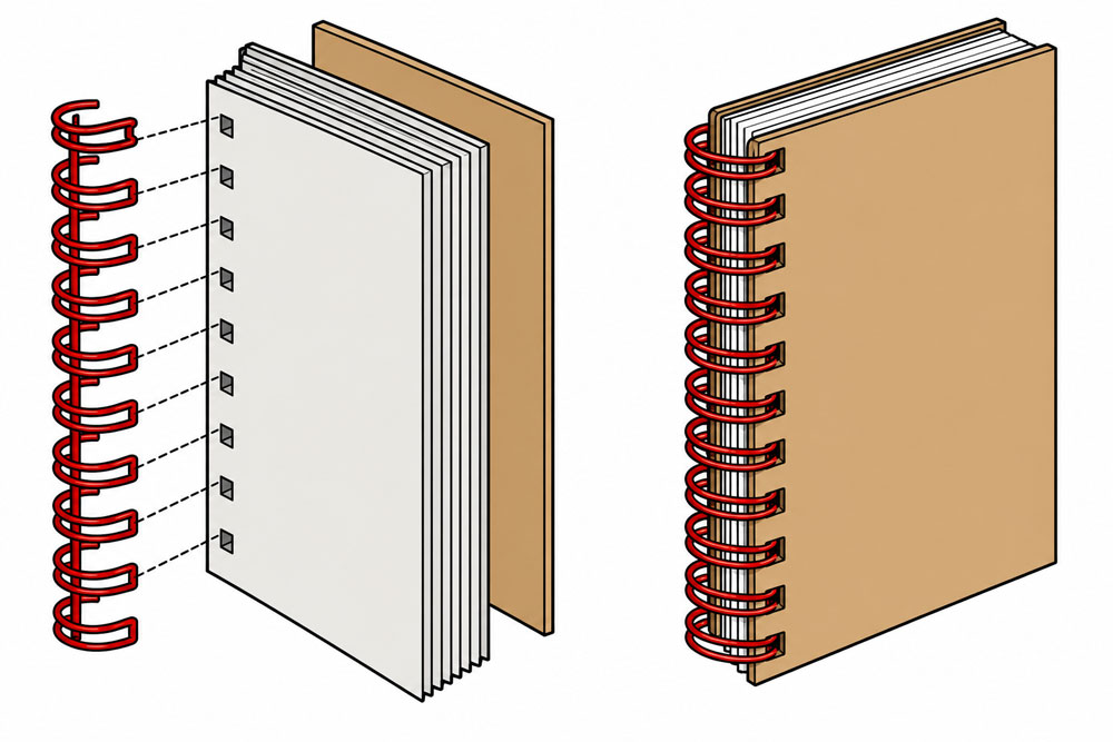 Wire-O binding construction diagram: a red double loop wire threads through rectangular holes punched along the spine of the text block and kraft cover, shown exploded on the left and assembled on the right.