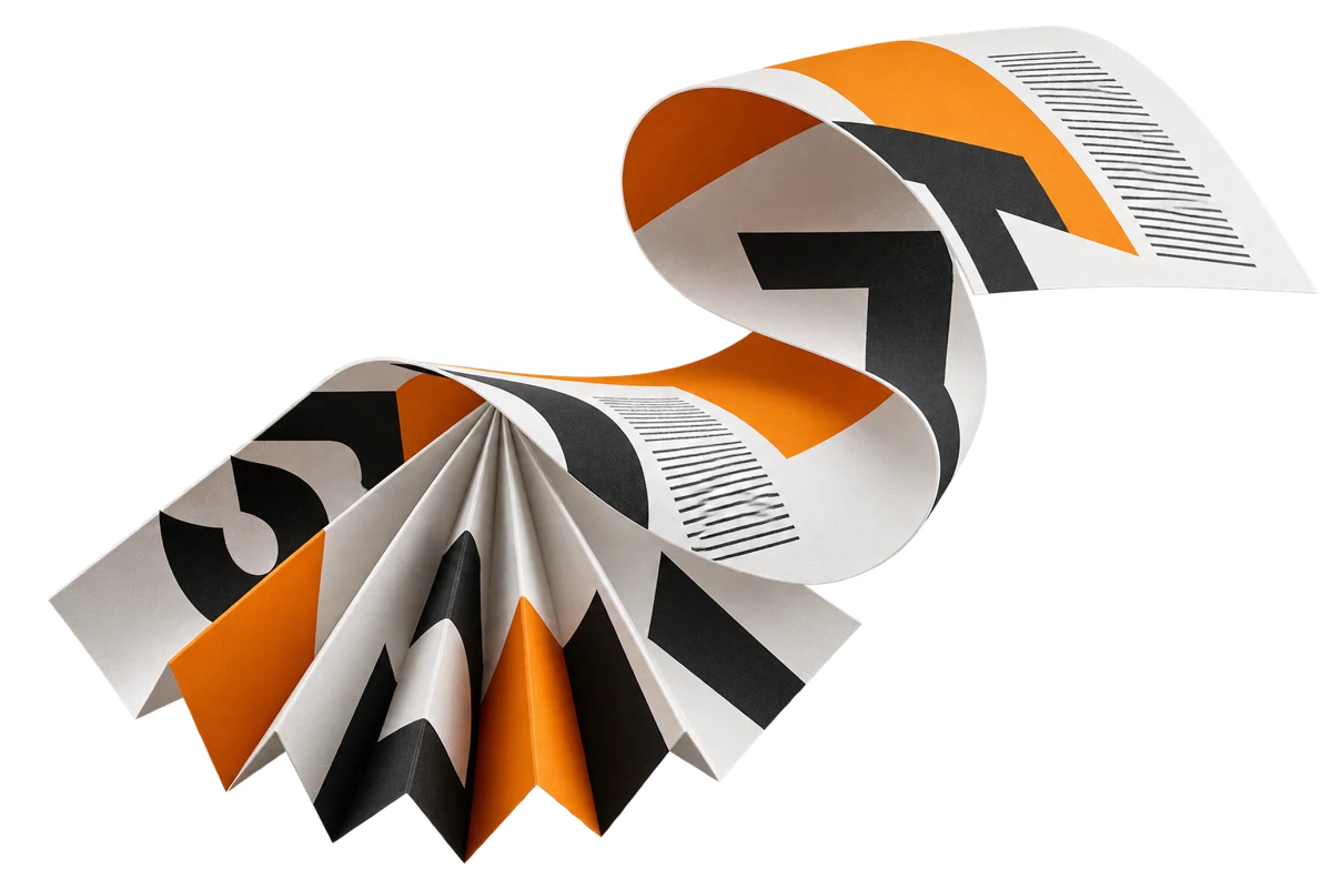 Conceptual folded and curled paper sculpture printed in orange and black