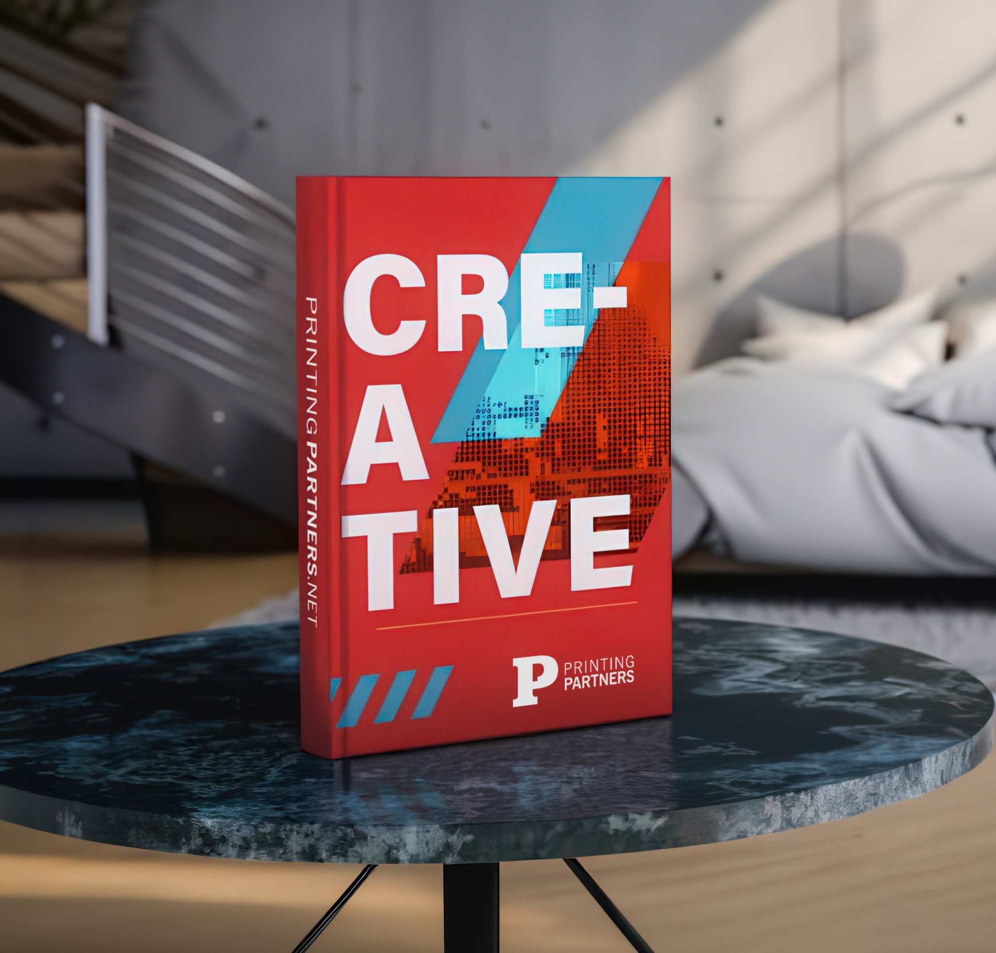 Red hardcover textbook with colorful Printing Partners cover artwork